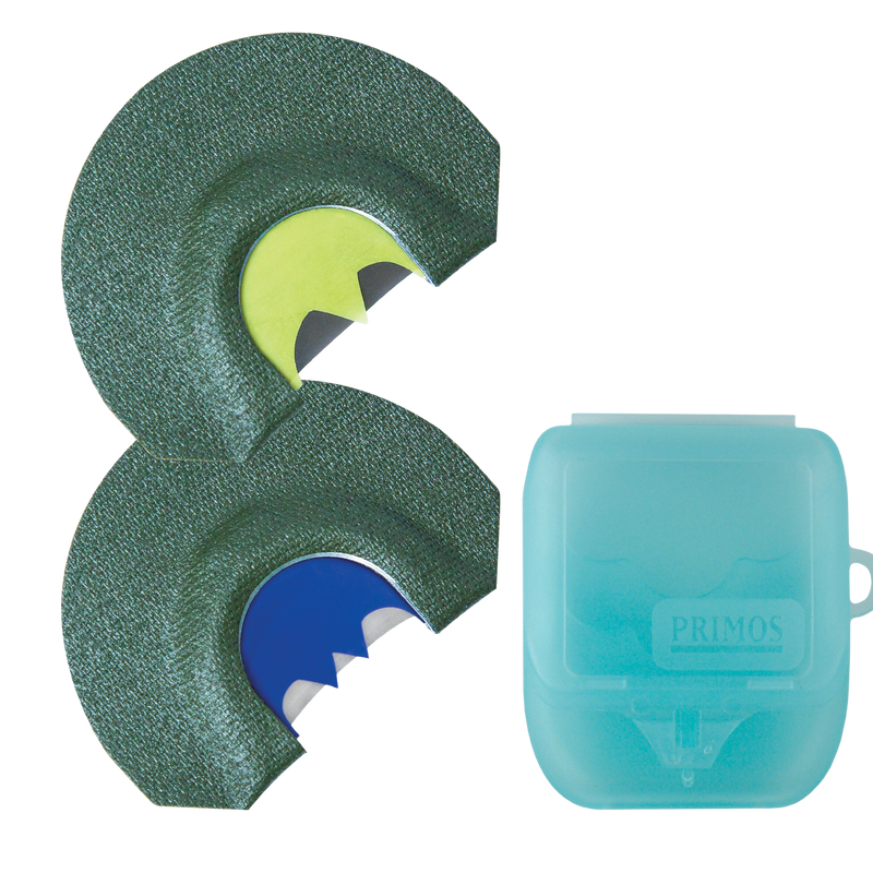 Load image into Gallery viewer, Primos Select Turkey Mouth Call Pak: two green calls with colored reeds in a blue case—essential for any turkey hunter.
