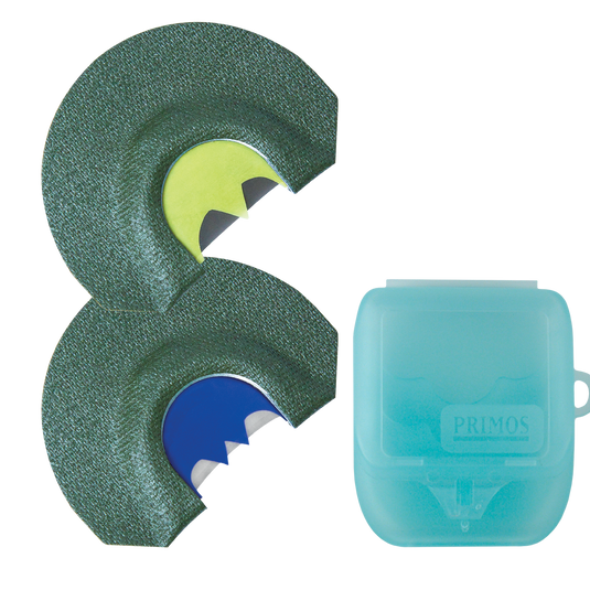 Primos Select Turkey Mouth Call Pak: two green calls with colored reeds in a blue case—essential for any turkey hunter.