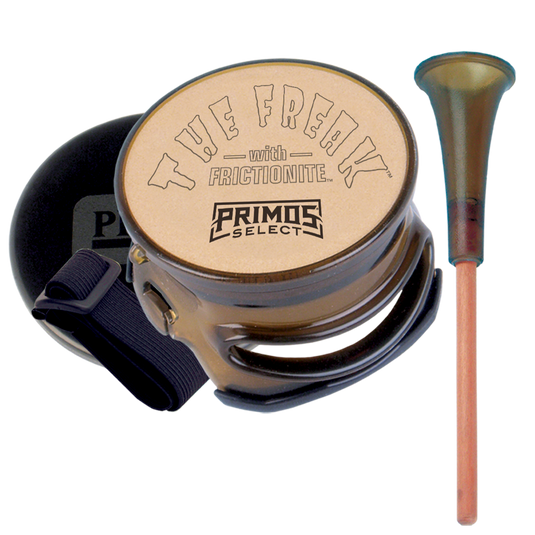 Primos The Freak™ Frictionite Turkey Pot Call set includes striker and case—ideal gear for turkey hunters.