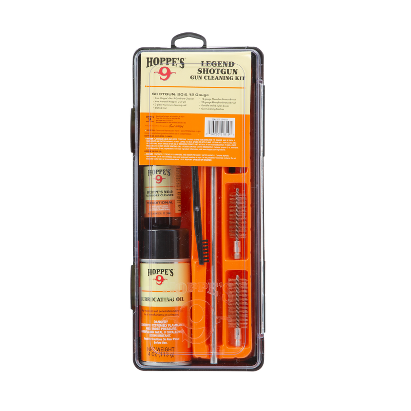 Load image into Gallery viewer, Hoppes 9 shotgun cleaning kit with oil and brushes in clear case on white background
