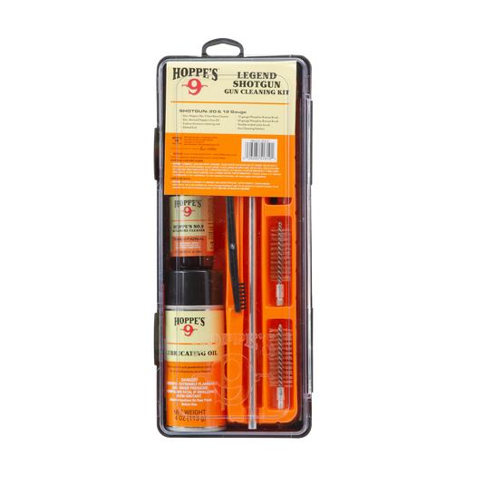 Hoppes 9 shotgun cleaning kit with oil and brushes in clear case on white background