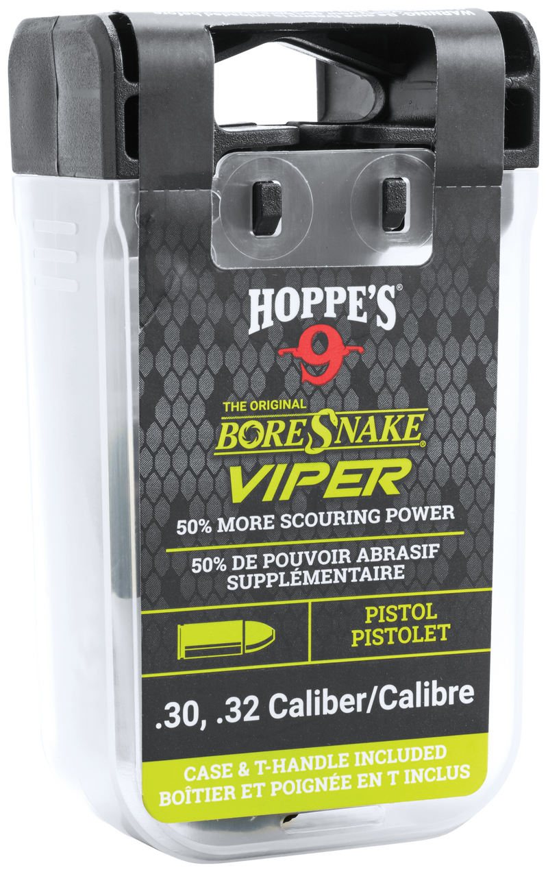 Load image into Gallery viewer, Hoppe’s Boresnake® Viper with Den Pistol kit features bronze brushes for .30, .32 caliber handguns in a clear case.
