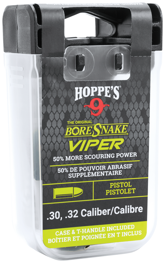 Hoppe’s Boresnake® Viper with Den Pistol kit features bronze brushes for .30, .32 caliber handguns in a clear case.