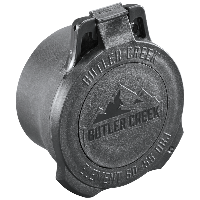 Load image into Gallery viewer, The Element Scope Caps - Objective is a round black cap featuring a logo, designed to protect your lens and enhance durability.
