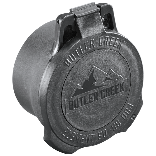 The Element Scope Caps - Objective is a round black cap featuring a logo, designed to protect your lens and enhance durability.