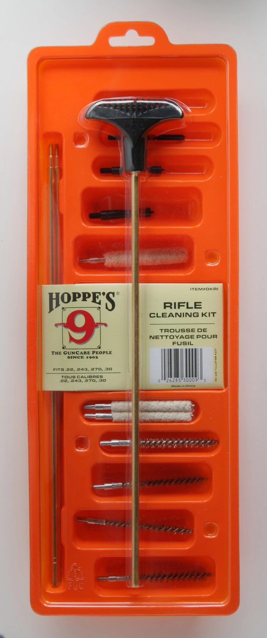 Hoppes 9 rifle cleaning kit in orange packaging on a white background
