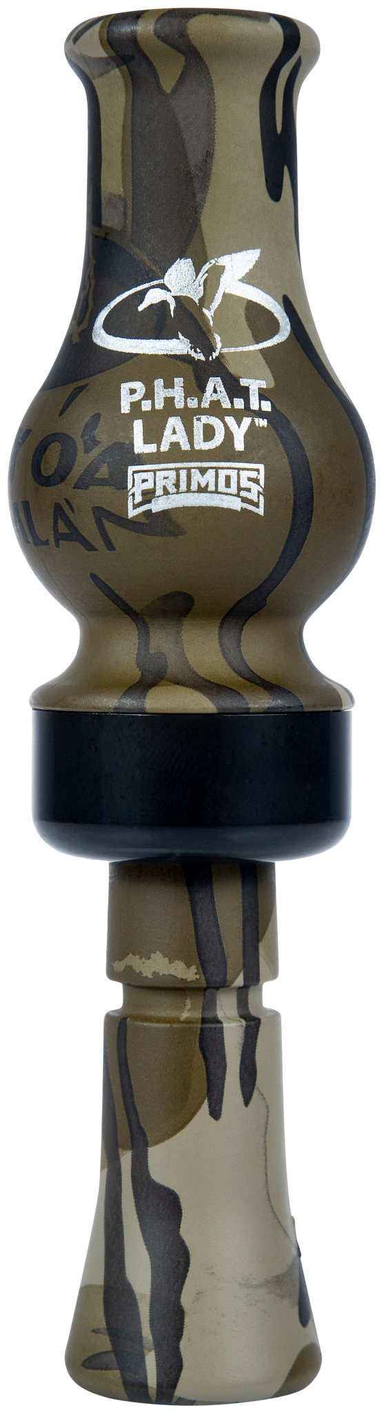Load image into Gallery viewer, A Primos Bottomland PHAT Lady duck call with camouflage pattern and white branding on the body.
