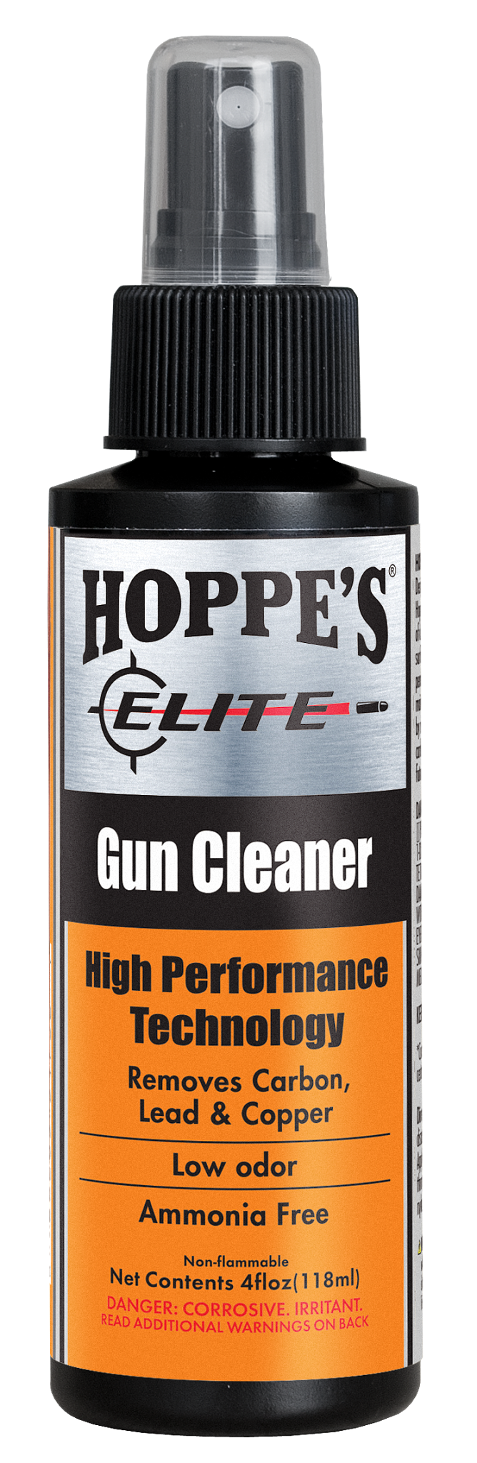 Load image into Gallery viewer, A spray bottle of Hoppe's Elite Gun Cleaner, ideal for firearms, with a black, orange, and white label.
