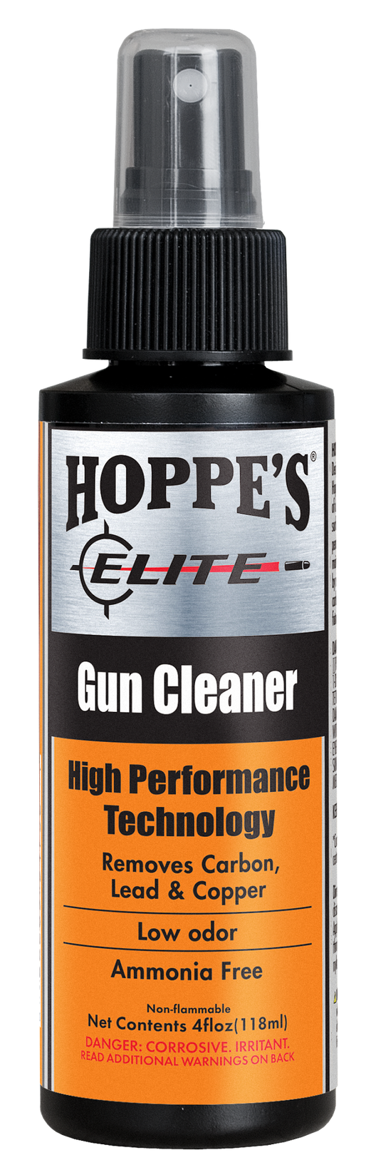 A spray bottle of Hoppe's Elite Gun Cleaner, ideal for firearms, with a black, orange, and white label.