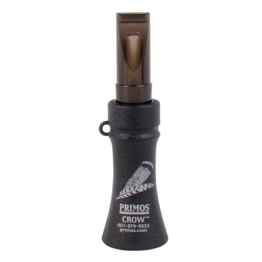 The Primos Crow Call is black with a brown mouthpiece, white logo and text, ideal for turkey locating.