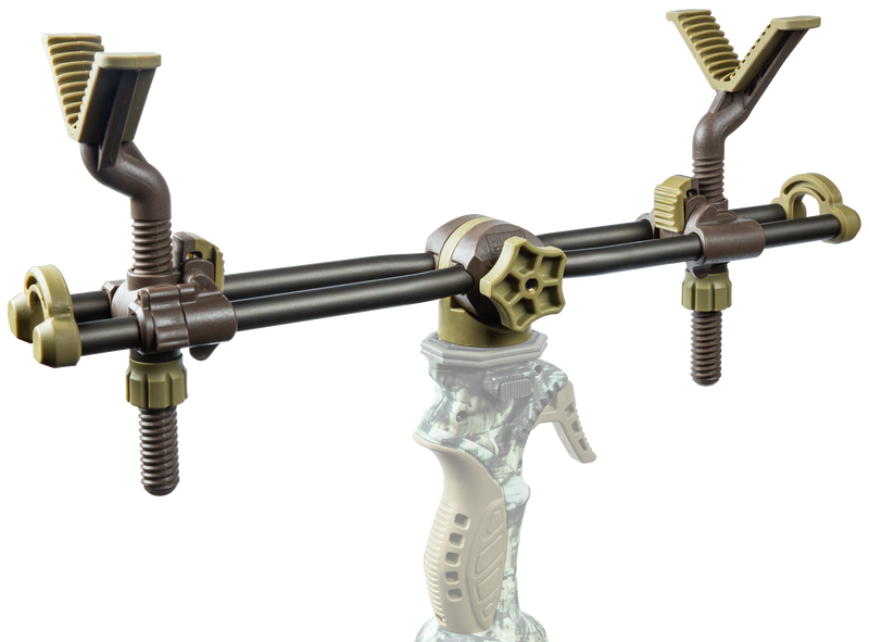 Load image into Gallery viewer, Primos 2-Point Gun Rest with dual Y-shaped supports and camo pistol grip shown on a plain white background.
