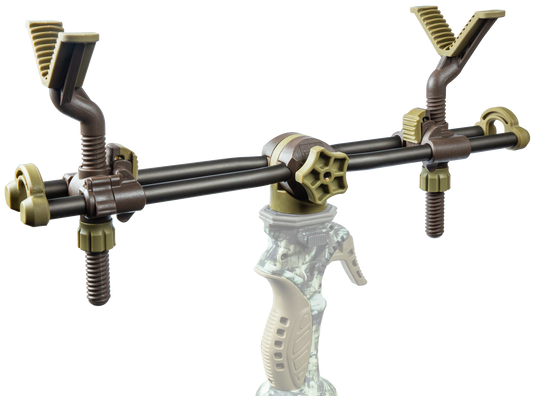 Primos 2-Point Gun Rest with dual Y-shaped supports and camo pistol grip shown on a plain white background.