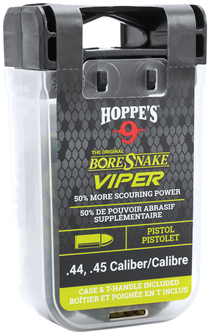 Load image into Gallery viewer, Hoppe's Boresnake® Viper with Den Pistol for .44/.45, with bronze brushes in a clear plastic case.
