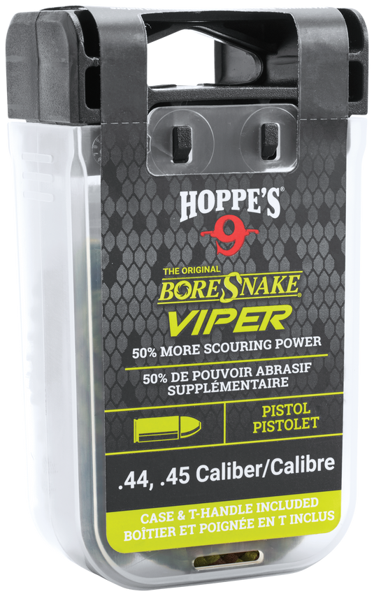 Hoppe's Boresnake® Viper with Den Pistol for .44/.45, with bronze brushes in a clear plastic case.