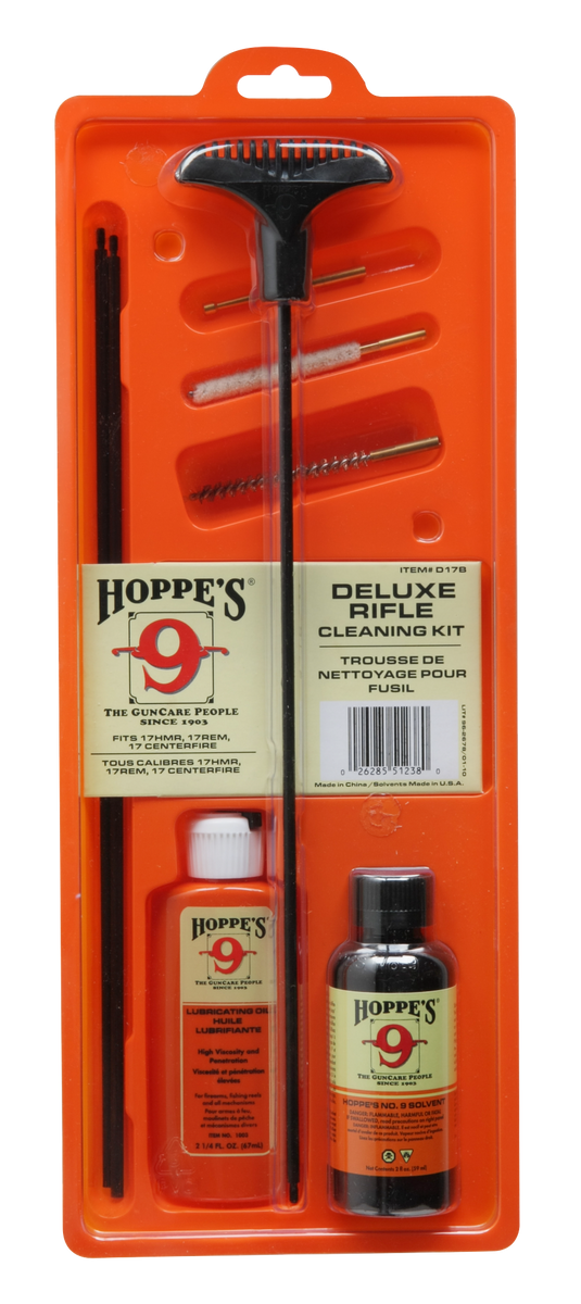 Hoppe's Deluxe Rifle Cleaning Kit packaging with tools and bottles on an orange background