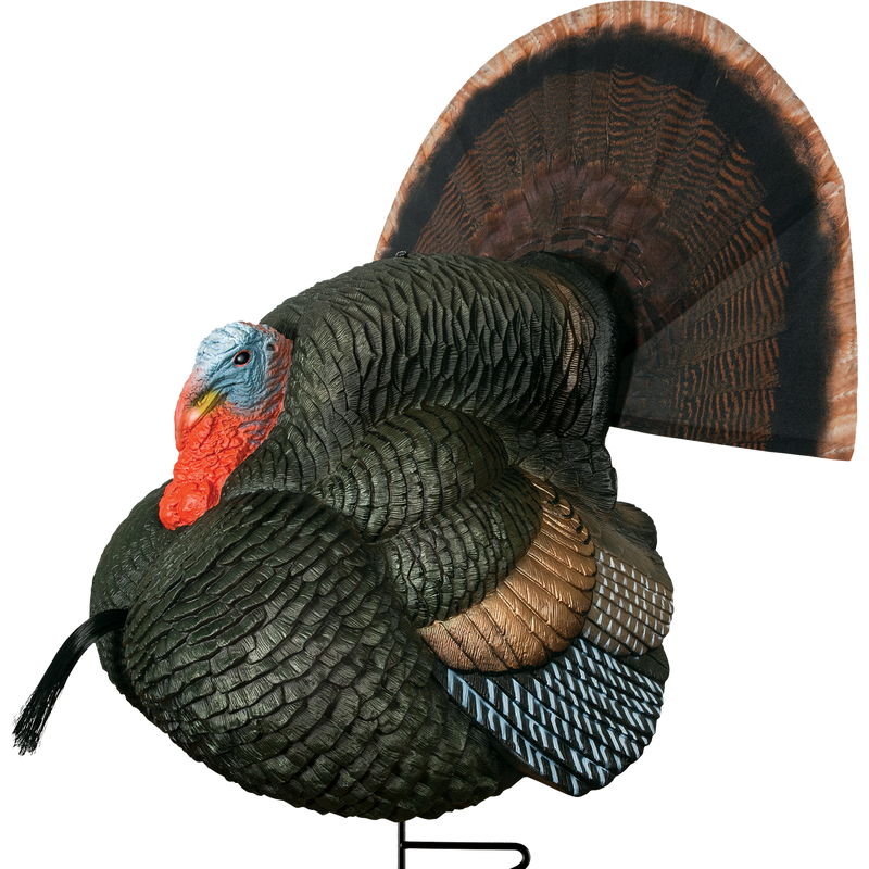 Load image into Gallery viewer, The Gobbstopper Strutter Turkey Decoy features realistic detailing, layered feathers, a colorful red and blue head, large fan-shaped tail, and a textured appearance for a lifelike look.
