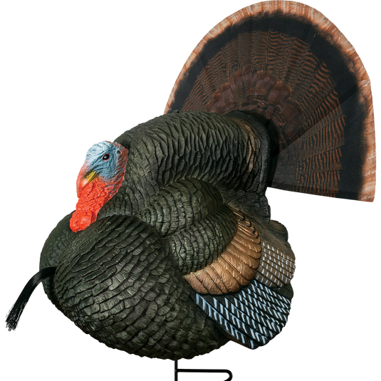 The Gobbstopper Strutter Turkey Decoy features realistic detailing, layered feathers, a colorful red and blue head, large fan-shaped tail, and a textured appearance for a lifelike look.