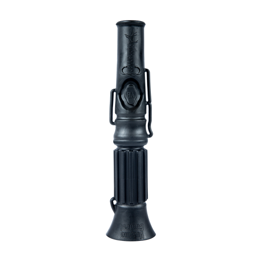 The Primos Rubberneck Deer Call is a black plastic game call for Mature Bucks, featuring a ribbed grip and flared end.
