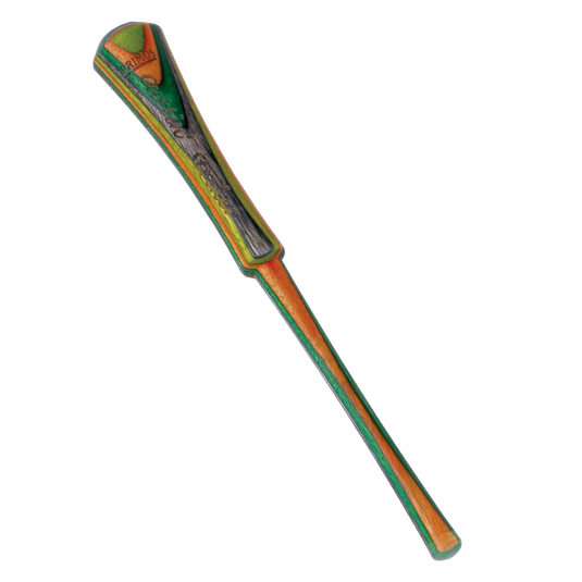 A colorful Primos Cuttin' Striker wooden wand with green, orange, and brown layers and a textured flared handle.