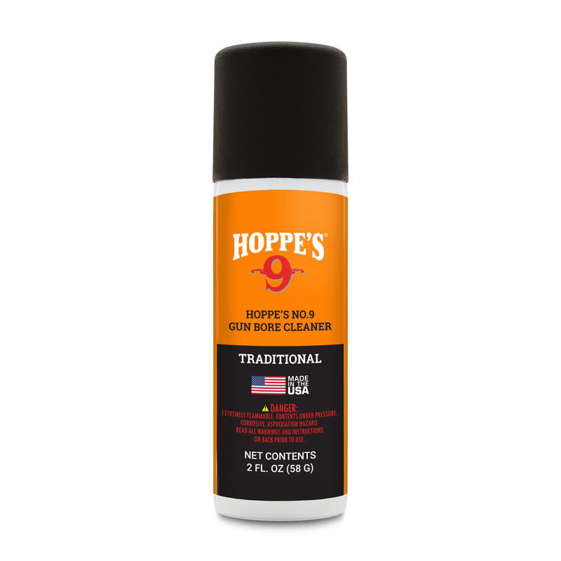 Load image into Gallery viewer, A 2 fl. oz. orange and black can of Hoppe's No. 9 Gun Bore Cleaner with warning label and American flag.
