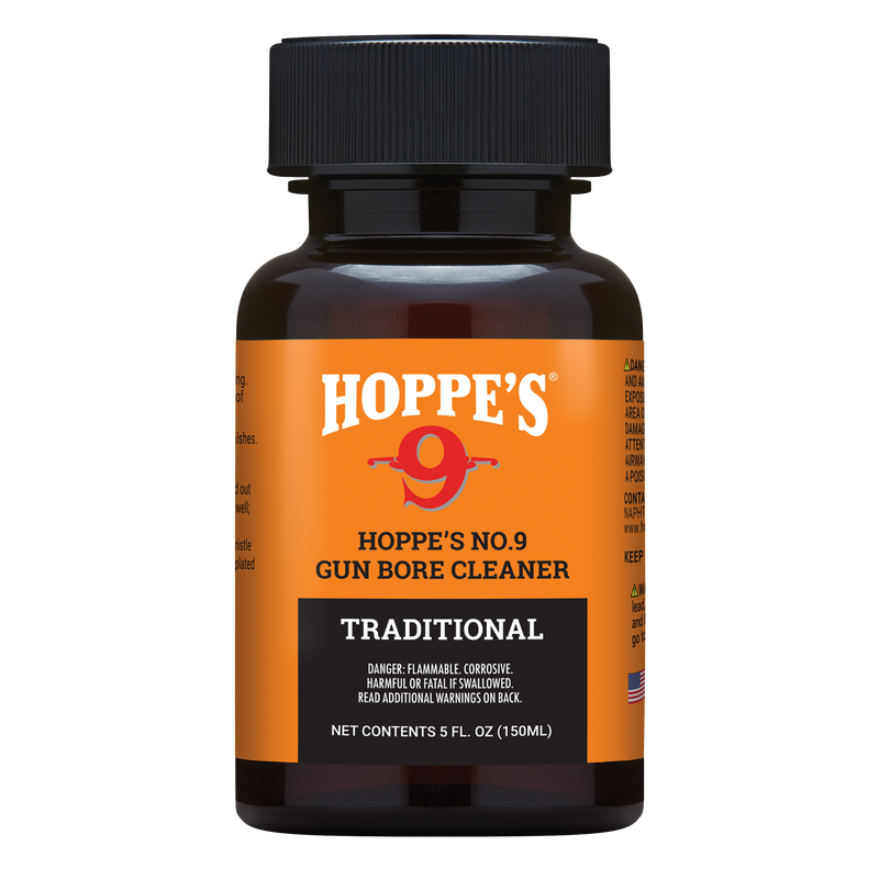 Load image into Gallery viewer, A 5 fl oz bottle of Hoppe's No. 9 Gun Bore Cleaner for firearm cleaning, with an orange label and black cap.
