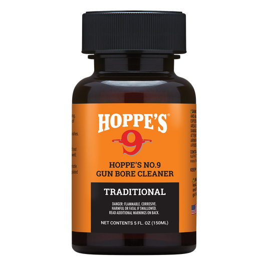 A 5 fl oz bottle of Hoppe's No. 9 Gun Bore Cleaner for firearm cleaning, with an orange label and black cap.
