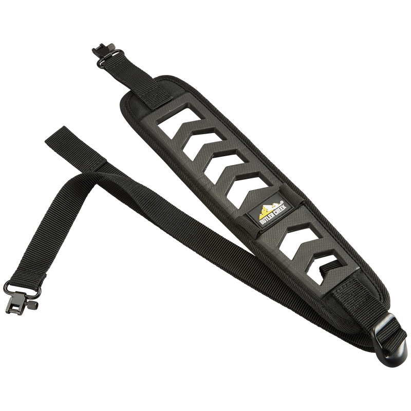 Load image into Gallery viewer, Butler Creek Featherlight Sling: black, adjustable, padded chevron section, plastic clips on both ends.
