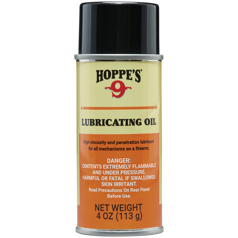 Load image into Gallery viewer, A 4 oz (113 g) can of Hoppe's Lubricating Oil for firearms with safety warnings on the label.
