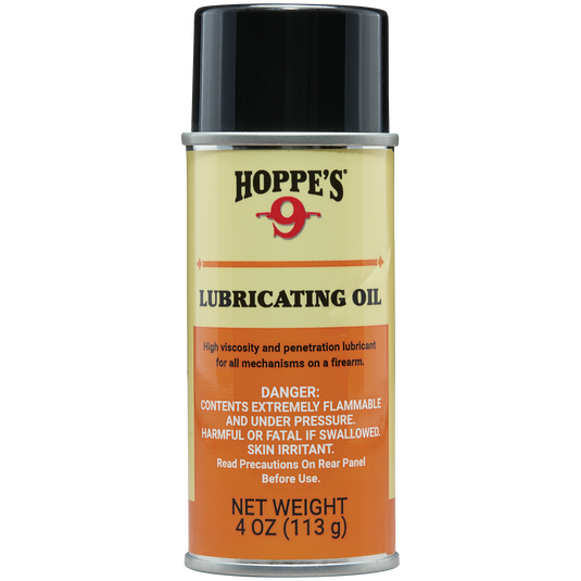 A 4 oz (113 g) can of Hoppe's Lubricating Oil for firearms with safety warnings on the label.