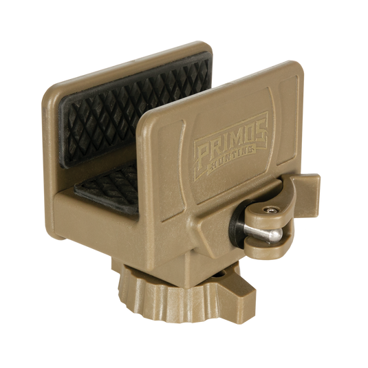 Primos Triggerstick Apex Gun Clamp with textured black padding, viewed at an angle on a white background.