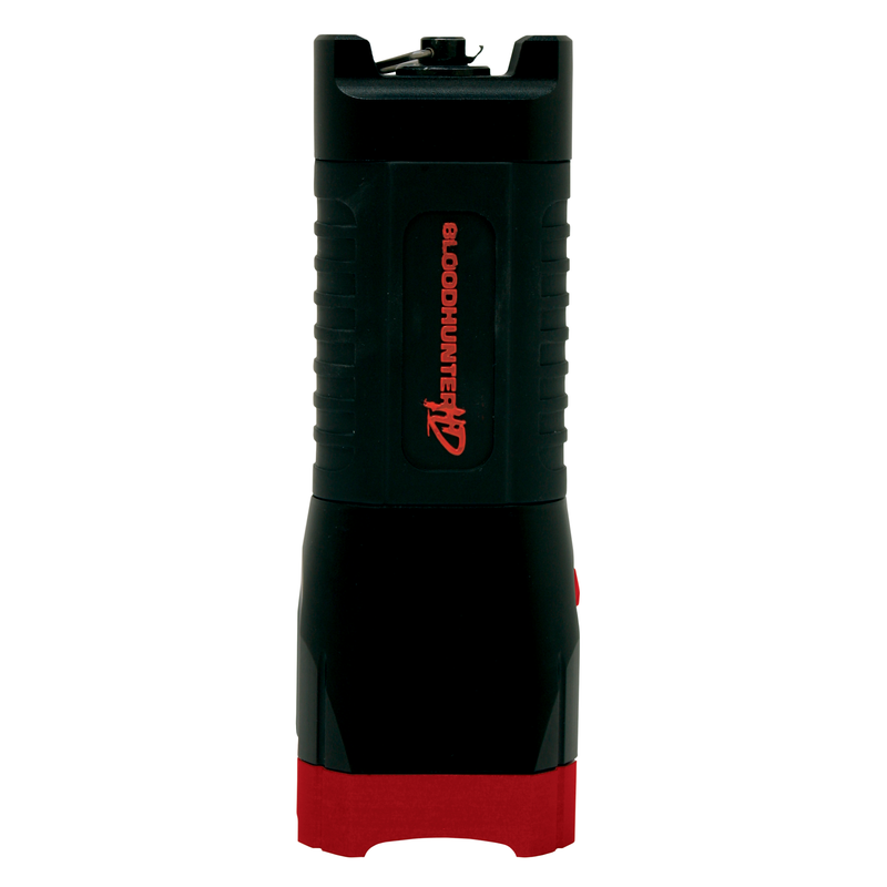 Load image into Gallery viewer, Primos Bloodhunter HD flashlight stands upright, featuring blood trailing technology in black and red.
