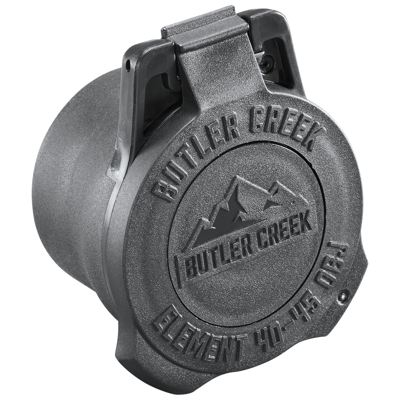 Load image into Gallery viewer, The black Element Scope Caps - Objective (40-45mm) by Butler Creek provide reliable lens protection, featuring a raised logo with mountains and the brand name on the front, displayed against a plain white background.
