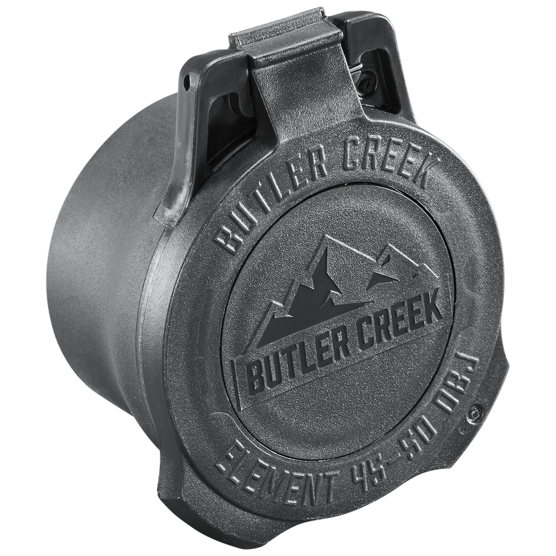 Load image into Gallery viewer, The Element Scope Caps - Objective is a black, round plastic flip-top cap with "BUTLER CREEK" and "ELEMENT 44-50 OBJ" plus a mountain graphic embossed on the lid, offering reliable lens protection.
