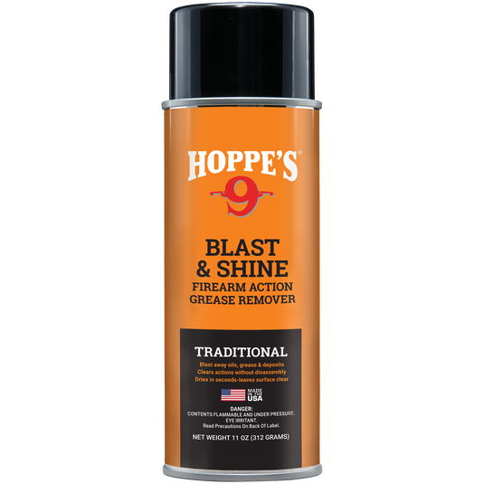 Hoppe's Blast & Shine firearm action grease remover can on a white background