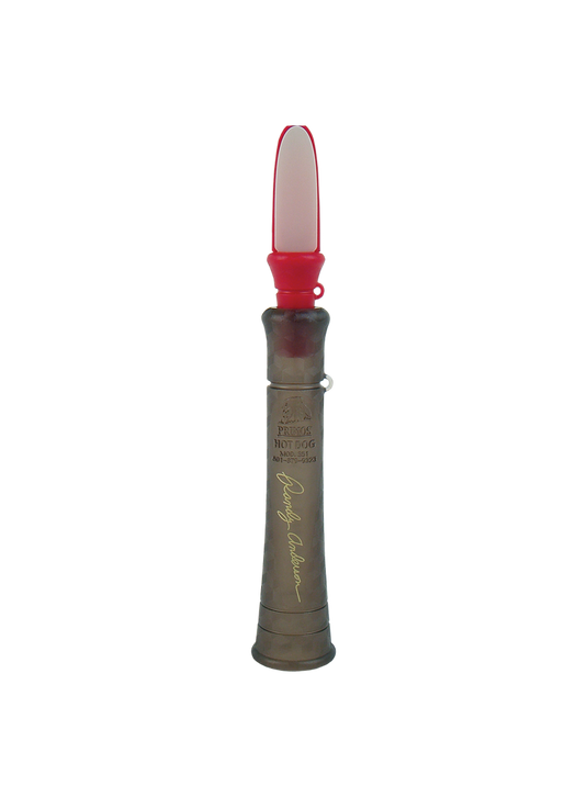 Primos Hot Dog™ Predator Call with a red and white plastic mouthpiece on a plain white background.