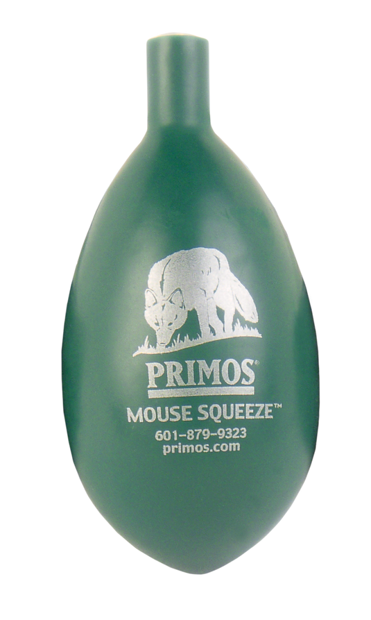 Primos Mouse Squeeze Predator Call hunting accessory with fox graphic and white contact info printed.