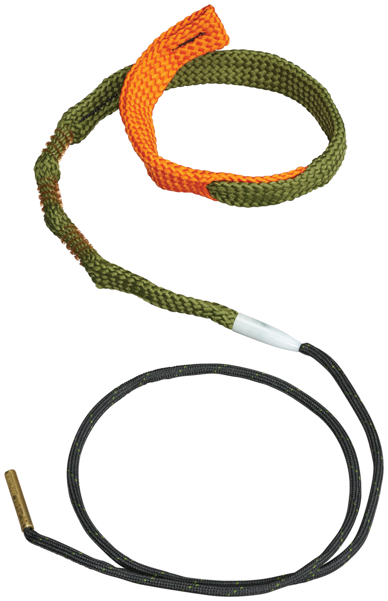 Load image into Gallery viewer, A Hoppe's Boresnake® Viper with Den Pistol and bronze brushes sits on a coiled black and yellow shoelace.
