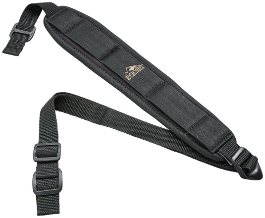 The Butler Creek Comfort Stretch Firearm Sling is black neoprene with an adjustable padded strap and logo on the pad.