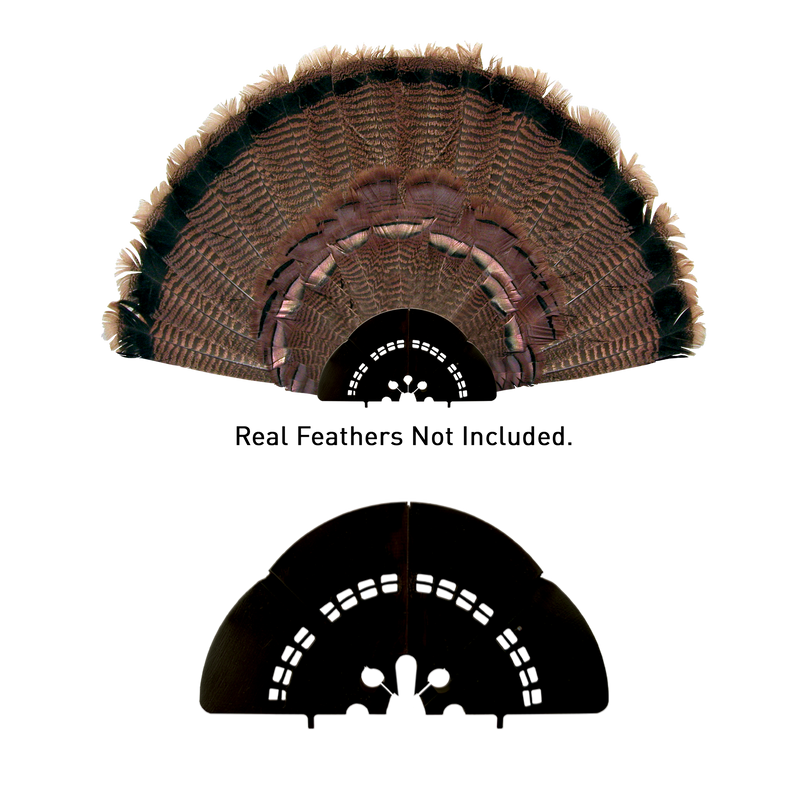Load image into Gallery viewer, A fan-shaped feather display over black cutout; text reads "Real Feathers Not Included." Primos Killer B Turkey Decoy.
