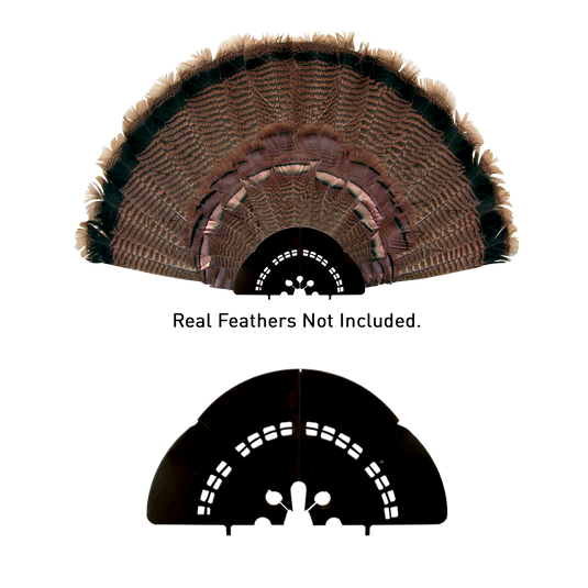 A fan-shaped feather display over black cutout; text reads "Real Feathers Not Included." Primos Killer B Turkey Decoy.