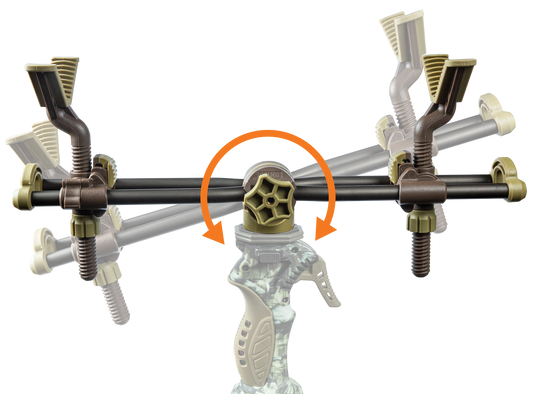 Primos 2-Point Gun Rest: Adjustable clamp with rotating arm on camo handle, great for tripod shooting setups.