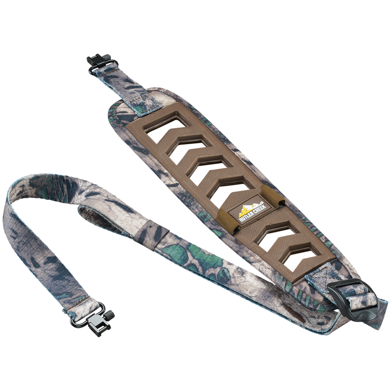 Load image into Gallery viewer, Butler Creek Featherlight Sling with camo pattern, padded shoulder support, and black swivel clips at both ends.
