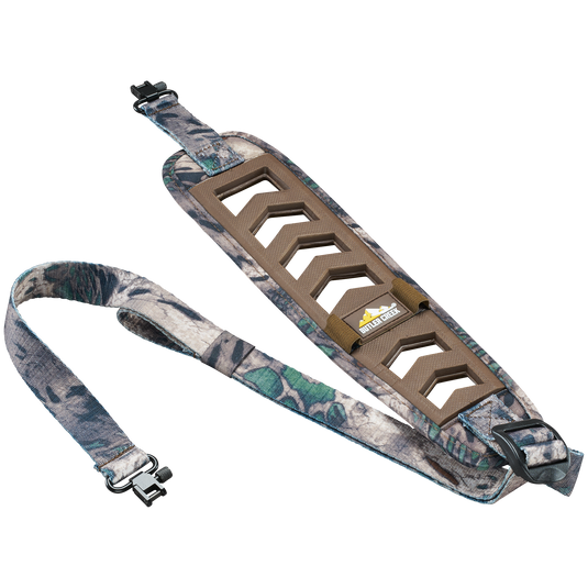 Butler Creek Featherlight Sling with camo pattern, padded shoulder support, and black swivel clips at both ends.