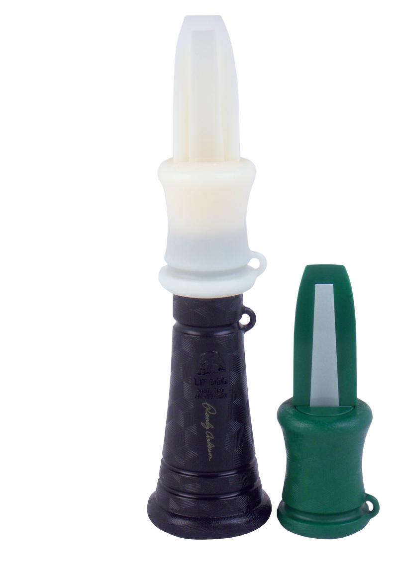 Load image into Gallery viewer, Two Primos Lil' Dog Predator Calls, one black and one green, stand upright on a white background.
