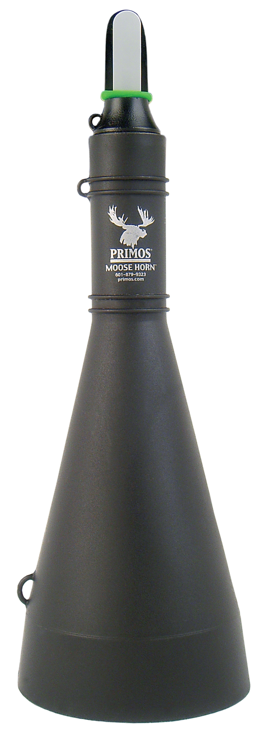 A black Primos Moose Horn call with a flared cone shape and green-tipped mouthpiece.