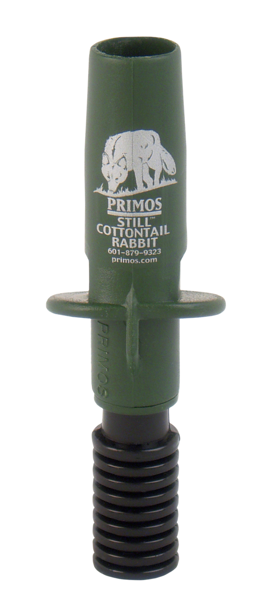 Primos Still™ Cottontail Rabbit Predator Call with black flexible base, used for hunting, on white background.