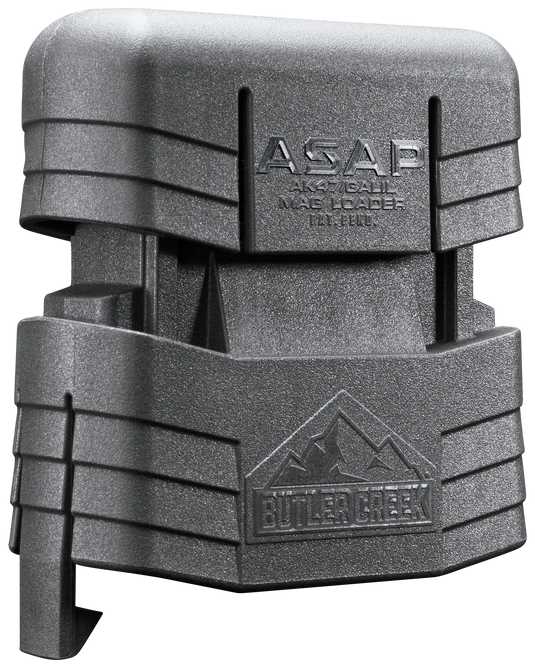 Gray Butler Creek ASAP Universal AK47|Galil Mag Loader with ridged sides and logos on a plain background.