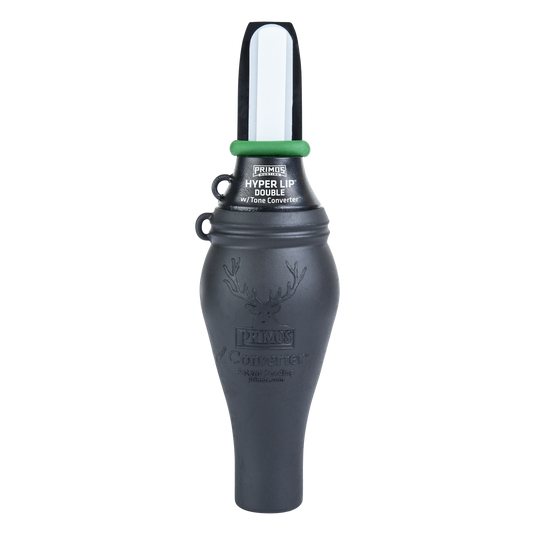 Primos Hyper LIP® Double with Converter Elk Call features a black body, white mouthpiece—ideal for hunting.