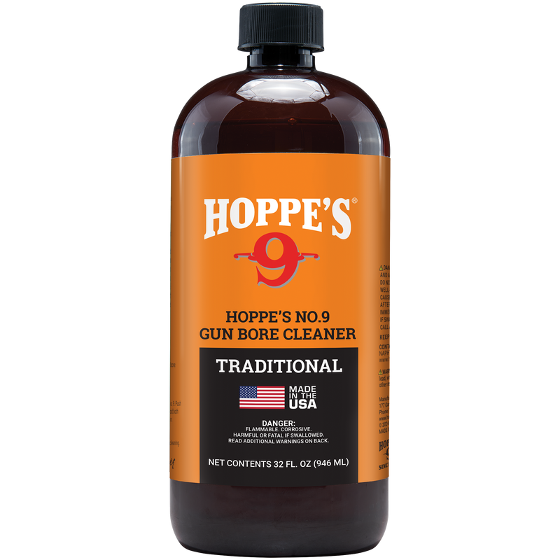 Load image into Gallery viewer, A 32 fl oz bottle of Hoppe's No. 9 Gun Bore Cleaner for firearm cleaning, with an orange label and black cap.
