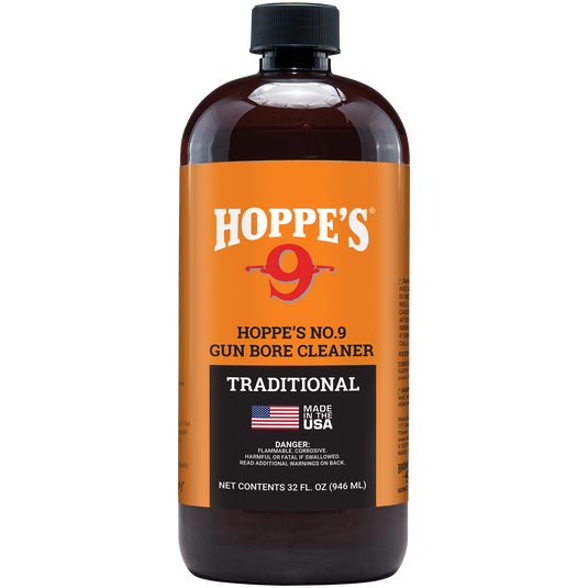 A 32 fl oz bottle of Hoppe's No. 9 Gun Bore Cleaner for firearm cleaning, with an orange label and black cap.